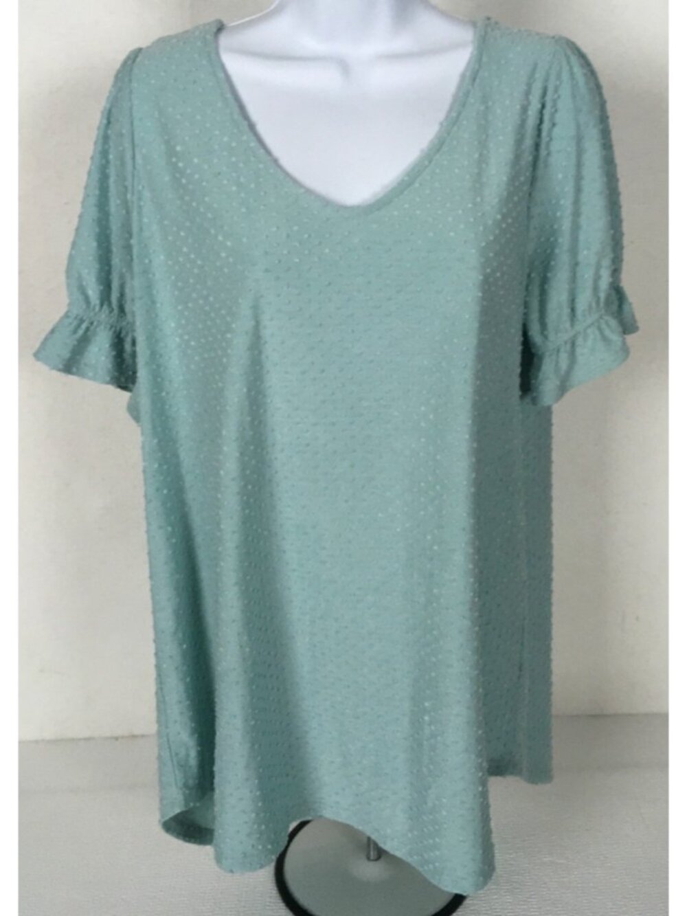 First Love Top Women Size L Blue V neck Ruffled Short Sleeves